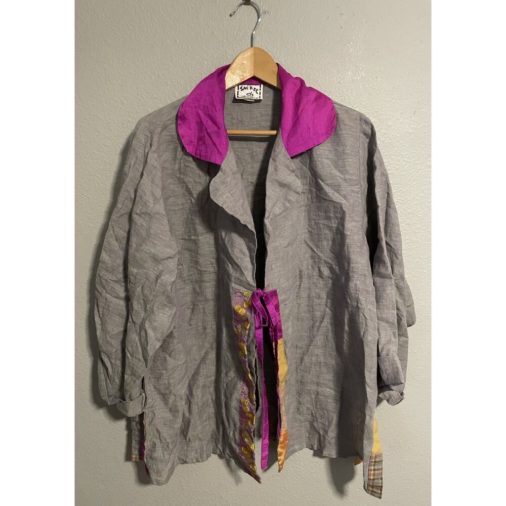 Jackie Loves John Womens Top Large Gray Linen Tie Front Oversized Lagenlook